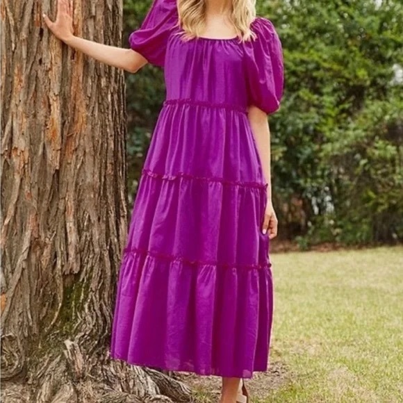 ANTONIO MELANI Dresses & Skirts - Antonio Melani Rosalia Silk Blend Orchid Colored Puff Sleeve Tiered Midi Dress